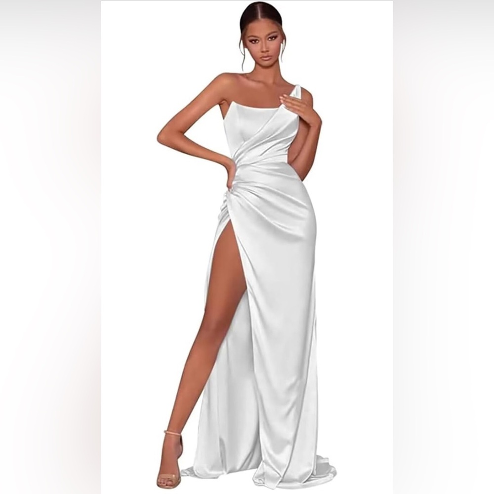 NWT-One Shoulder Satin Dress Mermaid Long Formal Party Dresses w Slit 6